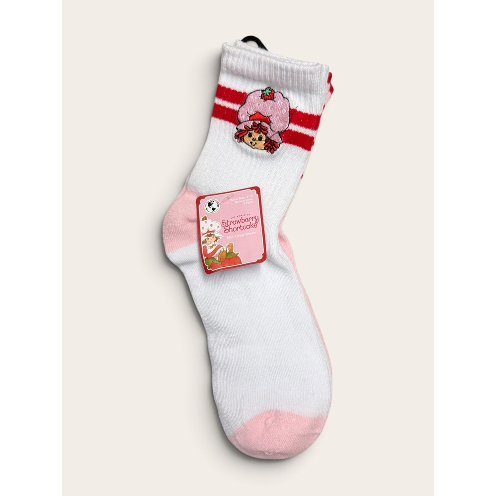 Strawberry Shortcake Mid-Crew Socks 2 Pair Pack White Pink Character NWT 4-10